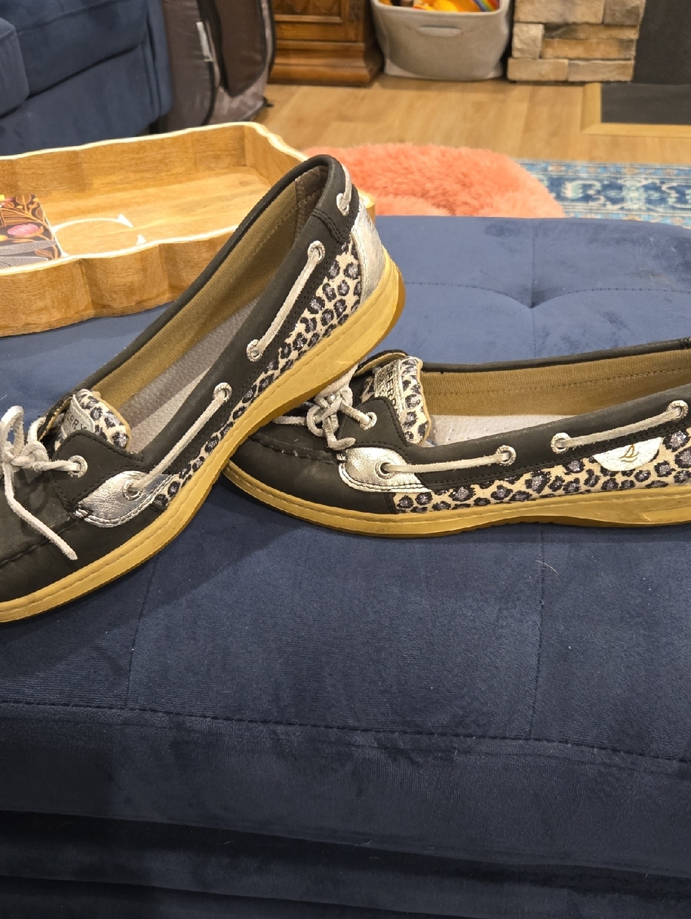 Womens Black and Leopard Print Casual Boat Shoes